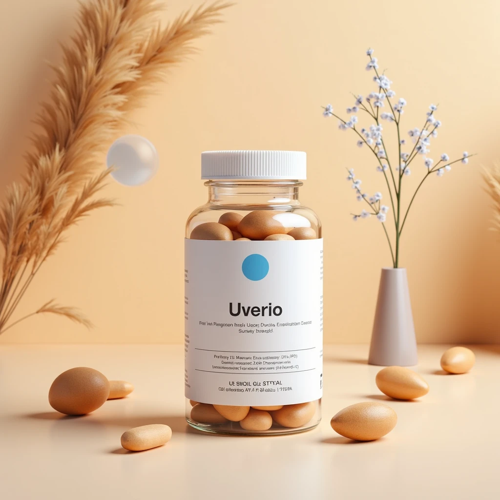 Uverio supplement bottle with elegant label on warm neutral background